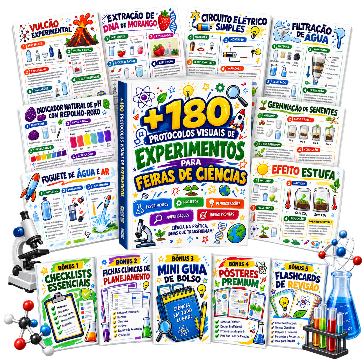 Mockup principal da coleção +180 Protocolos Visuais de Experimentos para Feiras de Ciências